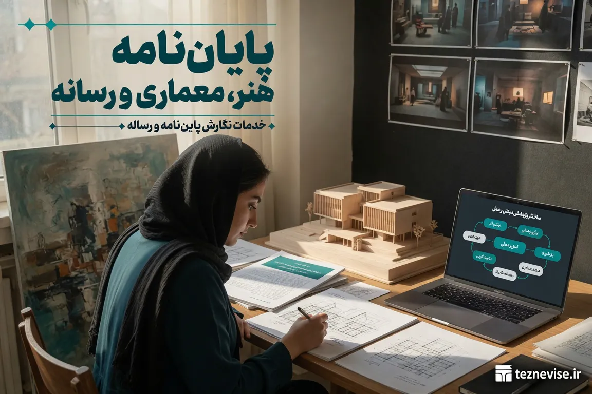 دانشجوی ارشد هنر و معماری با ماکت، اسکچ و لپ‌تاپ — پایان نامه هنر معماری رسانه در تزنویسه