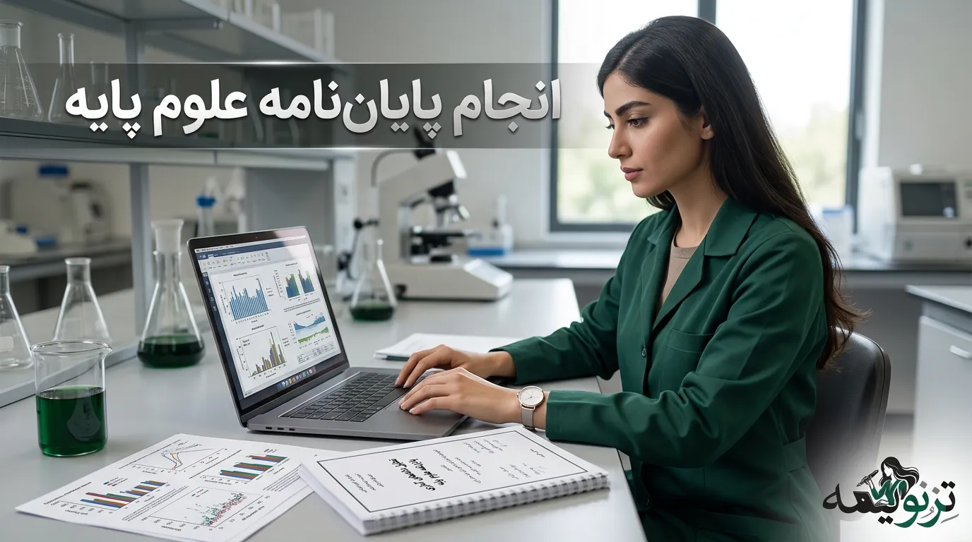 دانشجوی علوم پایه در آزمایشگاه با پایان نامه علوم پایه و نمودارهای پژوهشی